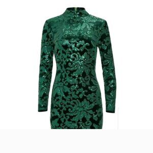 VENUS Green velvet and sequence Floral Long Sleeve Dress